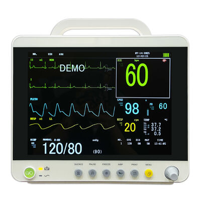 نمایشگر LCD رنگی 12.1 اینچی مانیتور بیمار چند پارامتری با 6 پارامتر (ECG/HR/RESP/SPO2/NIBP/Temp) و قابل نصب روی ترولی/براکت دیواری